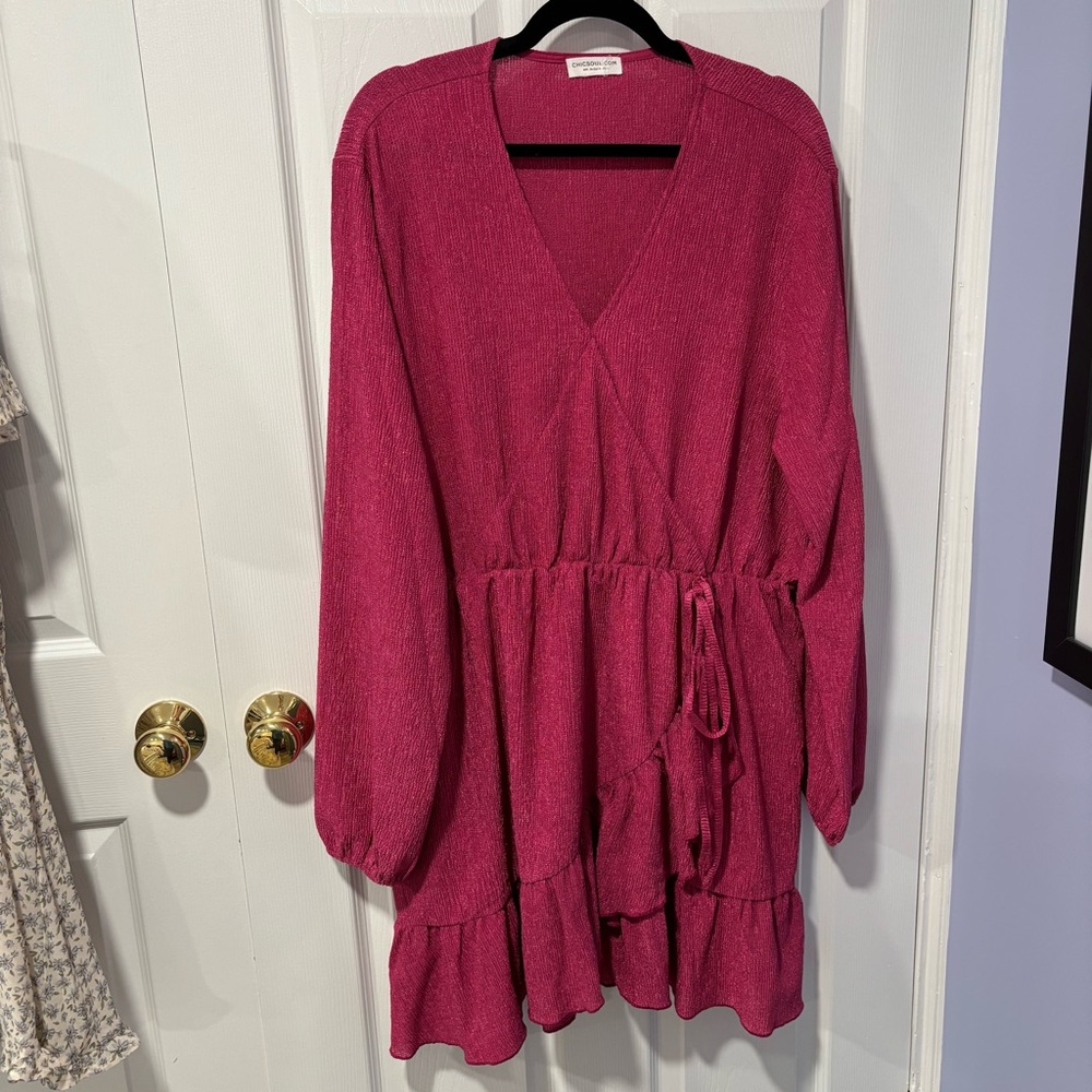 Pink V-Neck Long Sleeve Dress